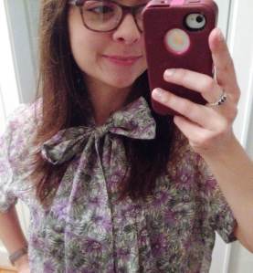 1950s sheer purple floral top with rhinestone buttons & a bow! Yes, please!