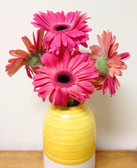only kidding - I bought him cheesecake, but aren't these bright pink flowers perfect in my new yellow vase from IKEA?!